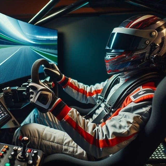 Sim setup, sim racer in full outfit